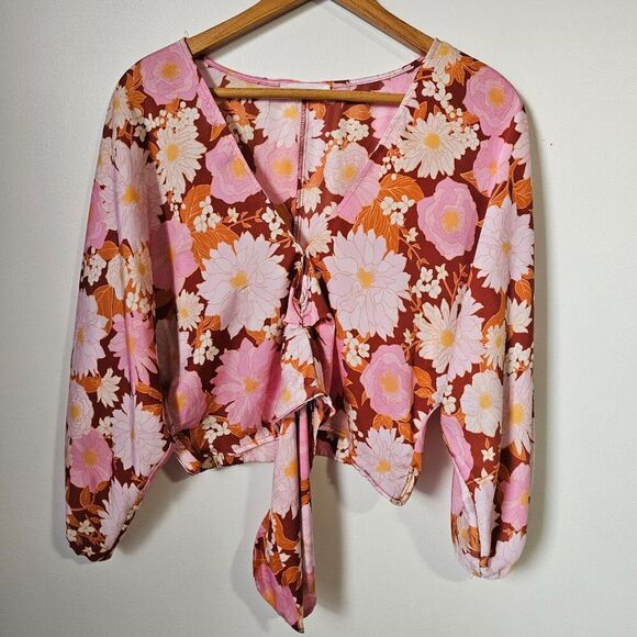 EUC LIKE NEW LUSH PINK / BROWN FLORAL V NECK BATWING SLEEVES TOP SIZE L - Picture 2 of 13